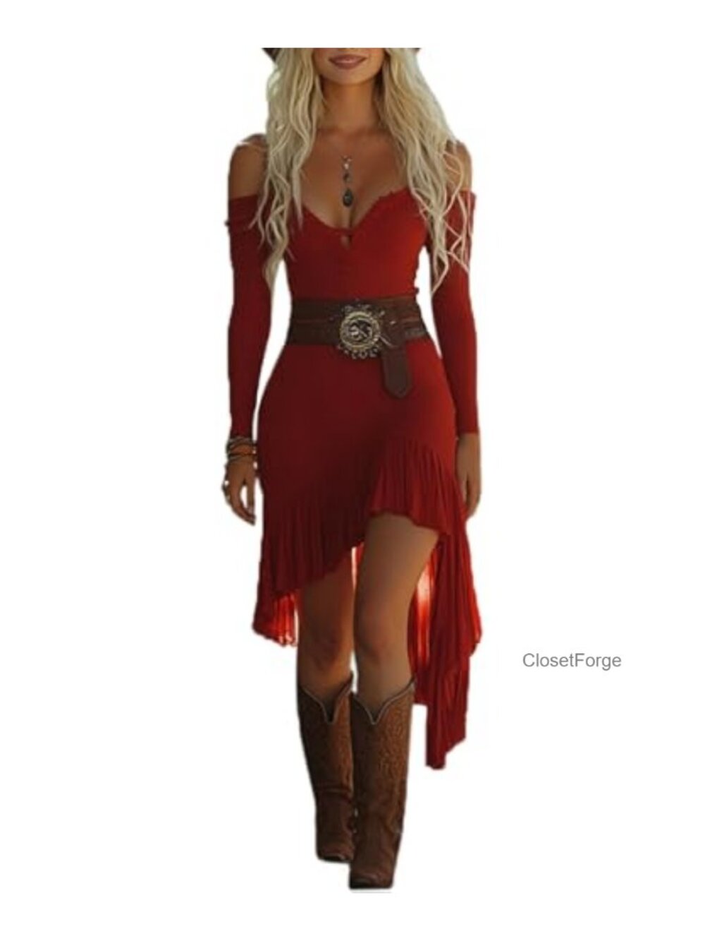 Womens Viscose Elastane Deep V Neck Ruffled Western Cowgirl Dress Long Sleeve